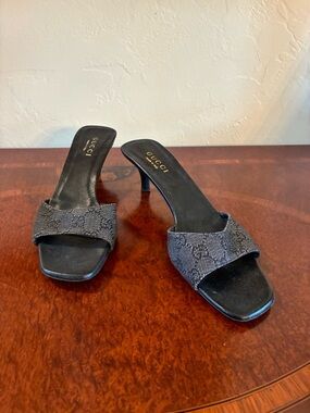 Gucci Black Monogram Slide Heeled Sandals 9.5